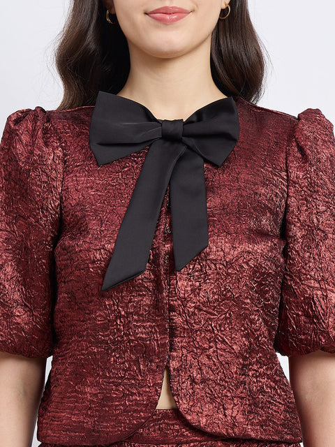 Madame Textured Maroon Puff Sleeve Top