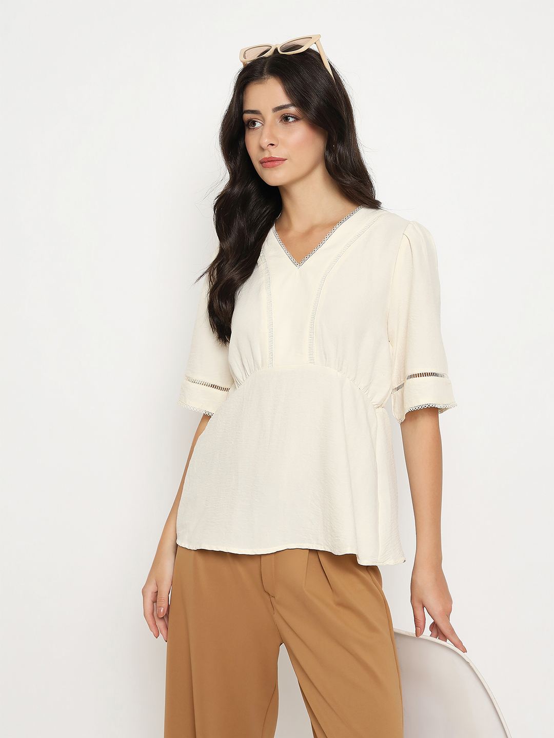 Madame V Neck Off White Peplum Top color swatch