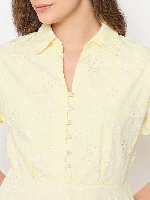 Madame Butter Yellow Printed Cotton Tiered Dress