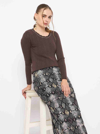 Madame Scalloped Neck Solid Brown Sweater