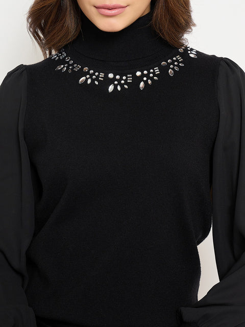 Madame Embroidered Solid Sweater with High Neck and Puff Sleeves