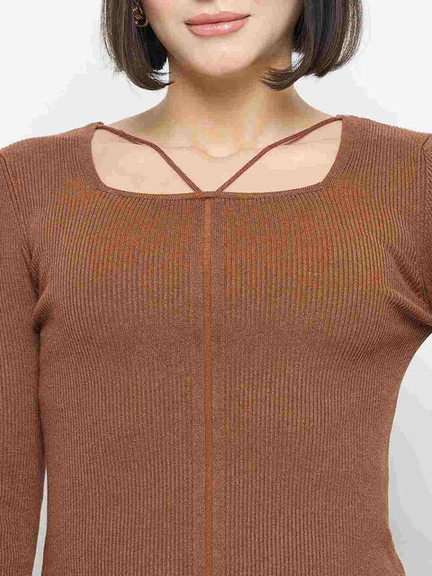 Madame Ribbed Knit Square Neck Coffee Brown Crop Top