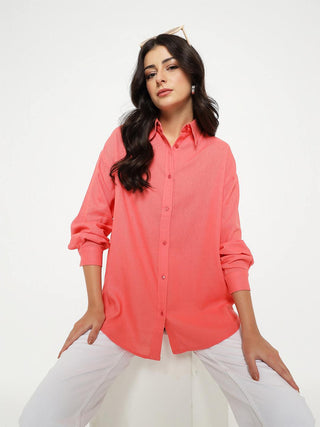 Madame Linen Blend Solid Light Coral Shirt