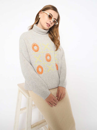 Madame Graphic Printed Turtleneck Grey Sweater