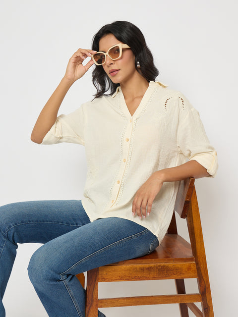 Madame Solid Off- White Cotton Shirt