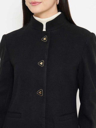 Madame Button Up Solid Black Long Coat