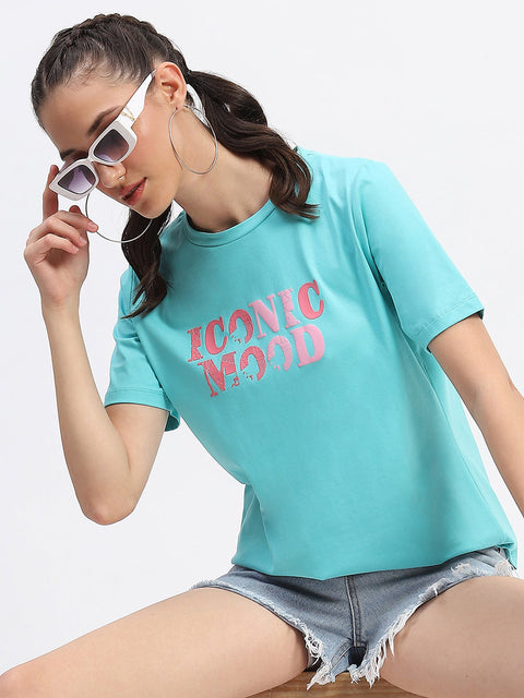 Madame Typography Detailing Cotton Aqua Top
