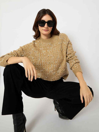Madame Cable Knit Pearl Embellished Brown Sweater