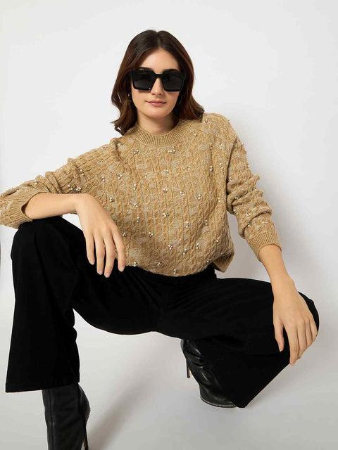 Madame Cable Knit Pearl Embellished Brown Sweater