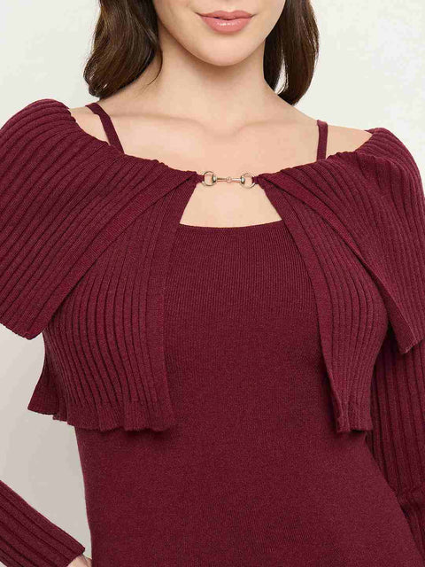 Madame Twisted Ruffle Detail Wine Red Sweater