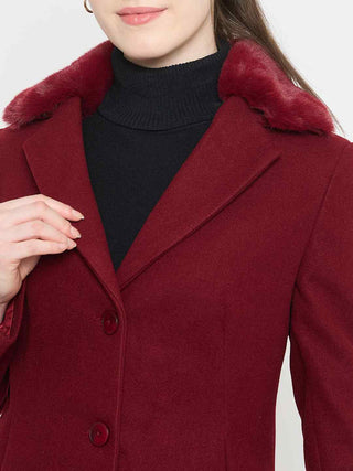 Madame Maroon Short Coat with Faux Fur Notched Lapel Neckline