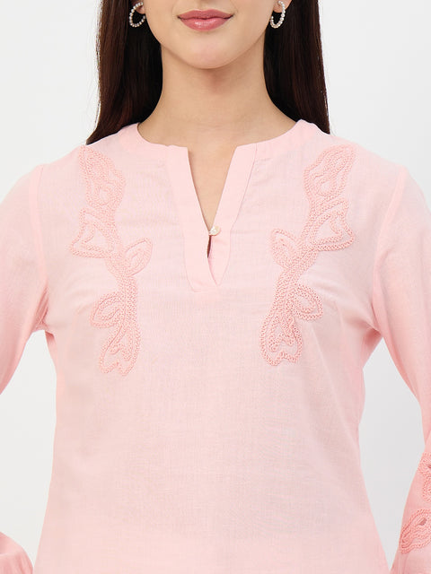 Madame Powder Pink Embroidered Cotton-Linen Tunic Top
