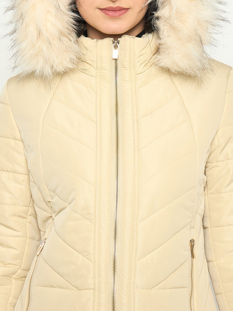 Madame Detachable Faux Fur Hood Beige Quilted Jacket