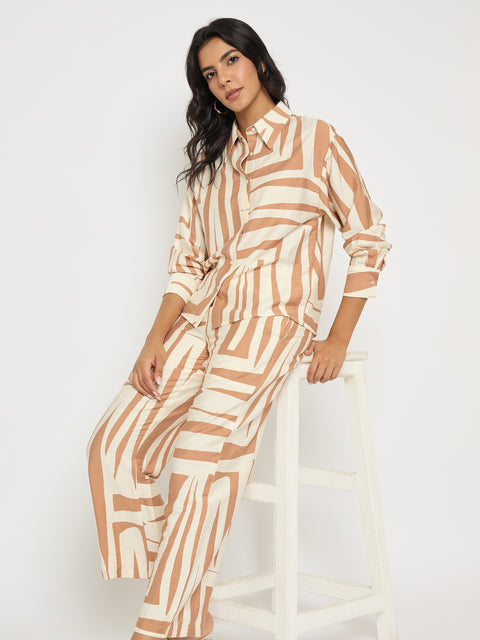 Madame Colorblock Top and Bottoms Rayon Blend Tan Brown Co-ord Set