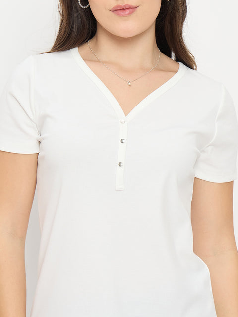 Madame White V-Neck T-Shirt with Button Placket