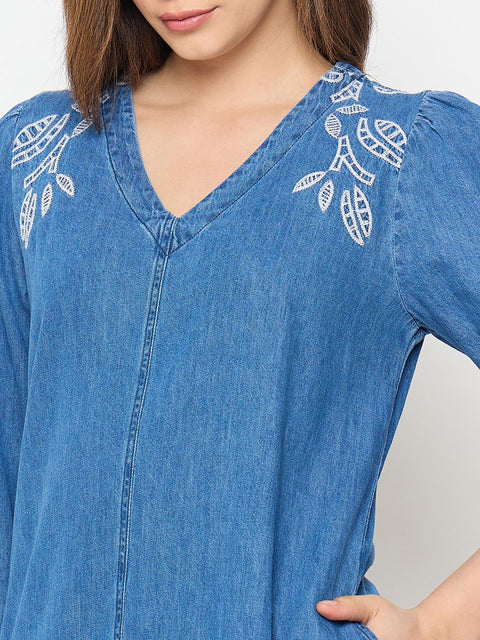 Madame Blue Embroidered Denim Dress