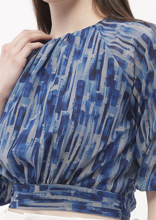 Madame Raglan Sleeve Blue Abstract Print Crop Top