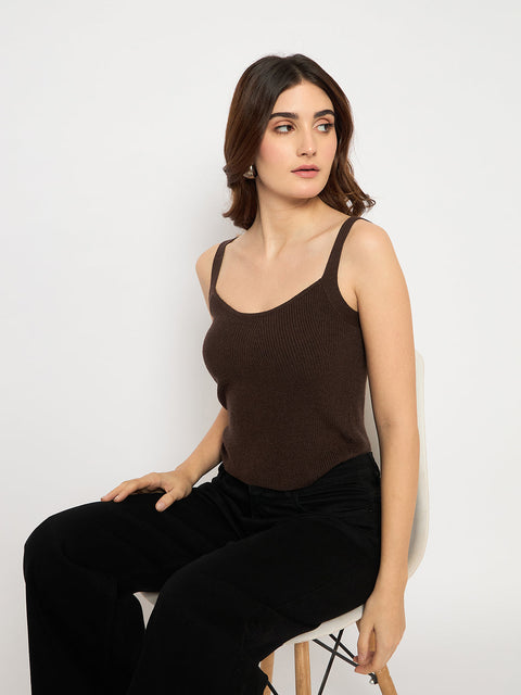 Madame Sleeveless Solid Coffee Brown Ribbed Knit Sweater