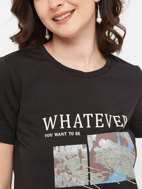 Madame Black Typography Cotton T-Shirt