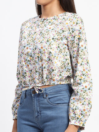 Madame Cotton Floral Print Drawstring Waist Multicolor Top