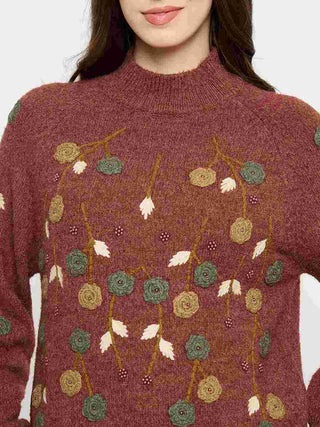 Madame Floral Embroidered Brown Pullover Sweater