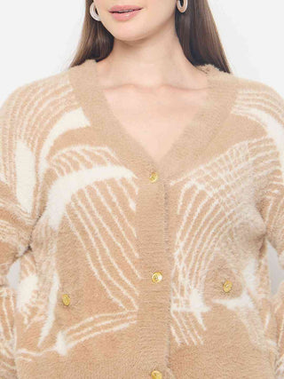 Madame Abstract Print Button Up Camel Brown Sweater