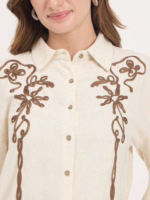 Madame Beige Embroidered Rayon Linen Full Sleeve Shirt