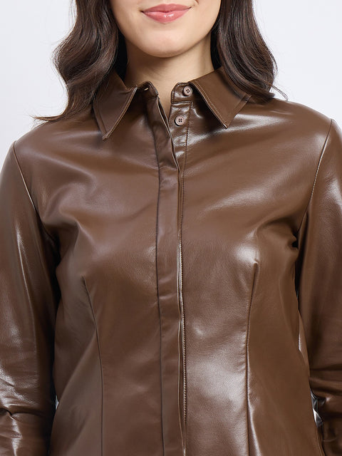 Madame Solid Brown PU Blend Shacket