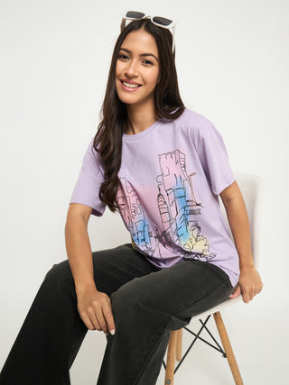 Madame Swarovski Detail Graphic Print Cotton Lilac T-shirt