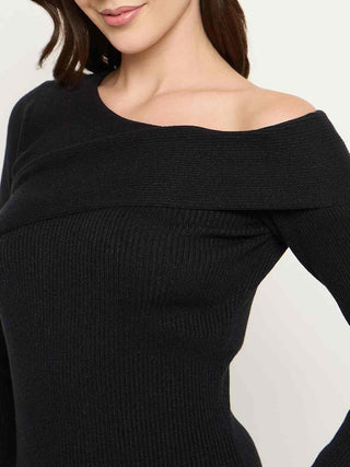 Madame Neck Overlap Black Knit Dress
