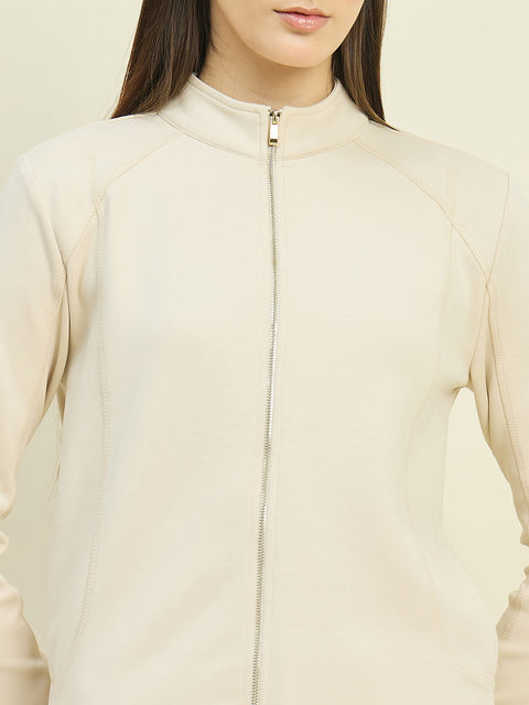 Madame Beige Cotton Blend Mock Neck Sweatshirt