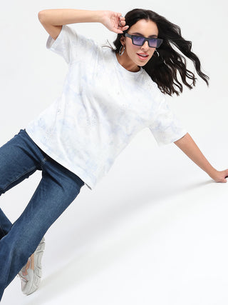 Madame Swarovksi Detailed Tie and Dye Sky Blue T-shirt