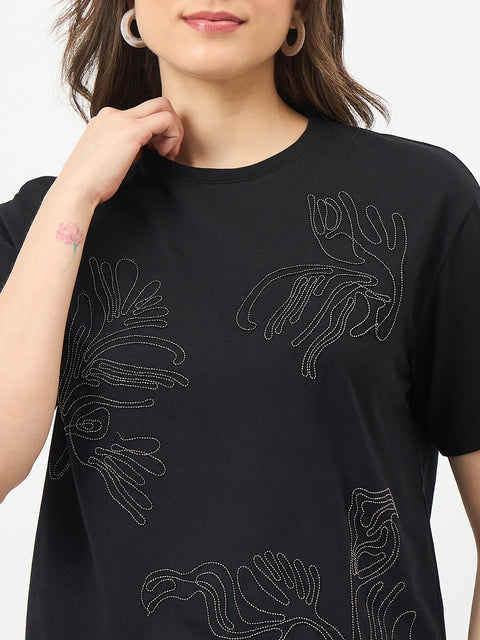 Madame Black Cotton Graphic Half-Sleeve T-Shirt