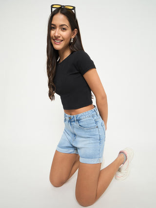 Madame Rolled Hem Light Blue Cotton Blend Denim Shorts