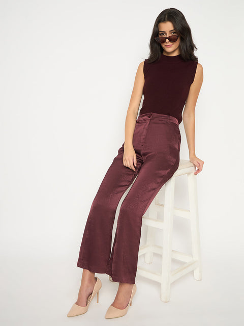 Madame Straight Fit Solid Maroon Trousers