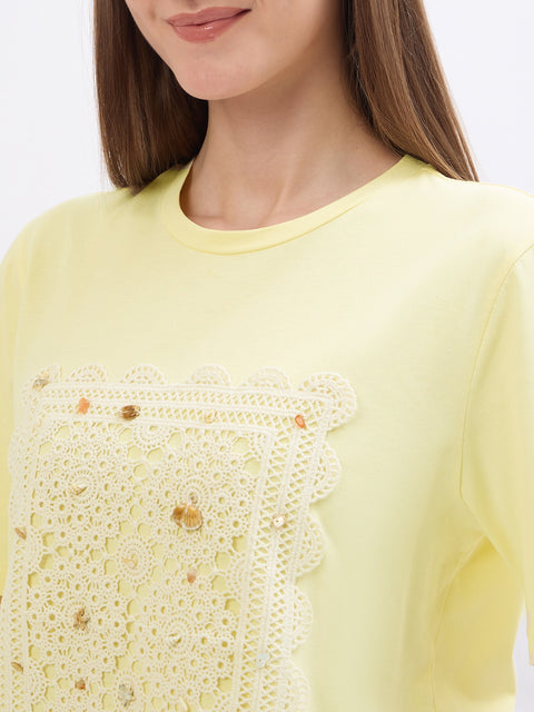 Madame Thread Embroidery Patchwork Yellow Cotton T-Shirt