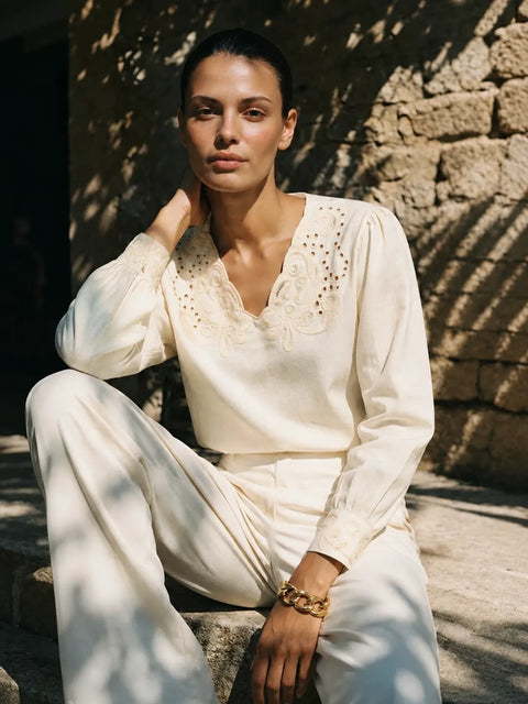 Madame Off-White Embroidered Tunic Top