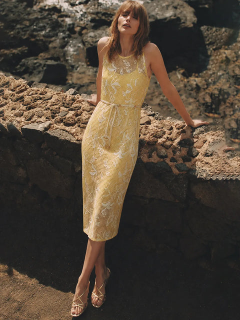 Madame Yellow Floral Embroidered Crochet Dress