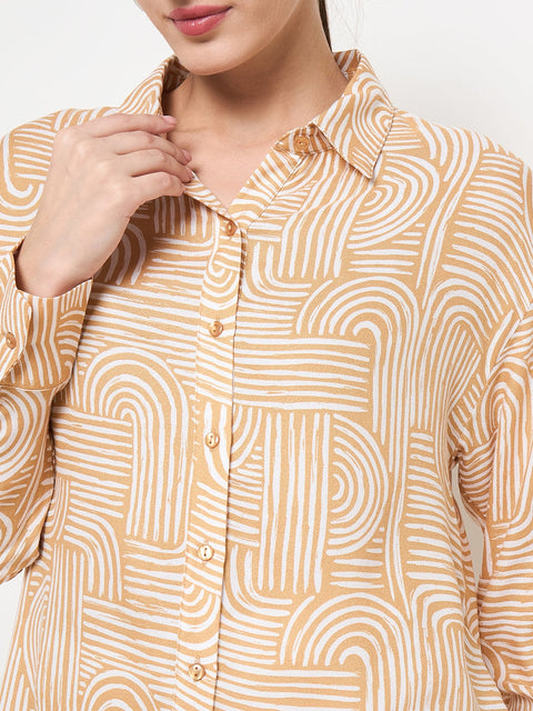 Madame Abstract Print Shirt Collar Brown Shirt
