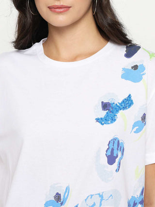 Madame Abstract Print Half Sleeve White Cotton T-shirt