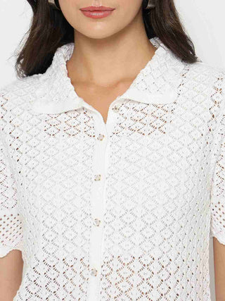 Madame Scalloped Hem White Knitted Polo Top