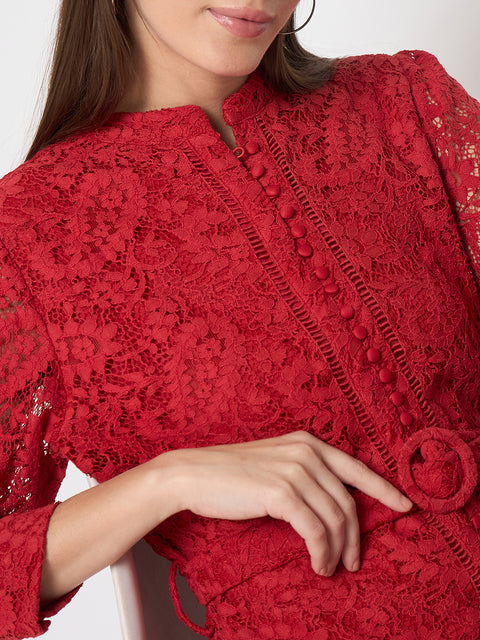 Madame Sheer Embroidered Belted Mini Red Mesh Dress