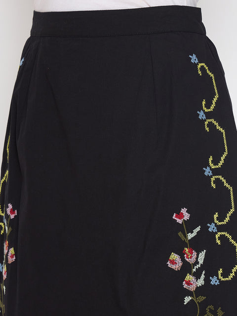 Madame Floral Embroidered Black Cotton Mini Skirt