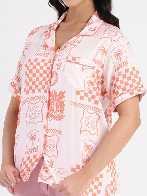 mSECRET Geometric Print Top and Bottoms Coral Pink Nightsuit