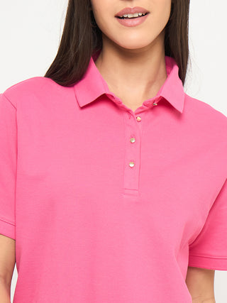 Madame Cotton Blend Solid Pink Polo T-shirt
