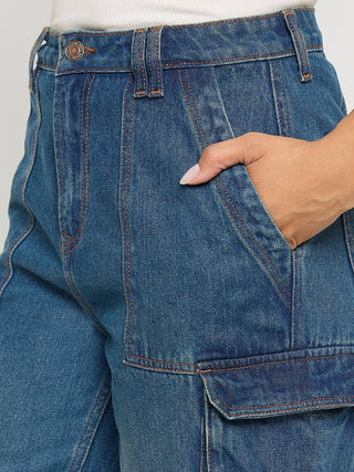 Madame Multi Pocketed Mid Blue Cotton Denim Cargo