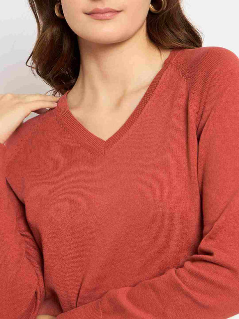 Madame V Neck Skinny Fit Rust Red Sweater