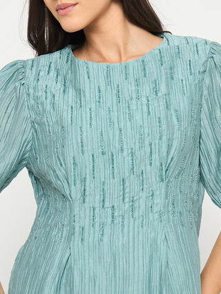Madame Textured Embellished Tencel Blend Green Top