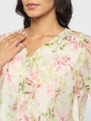 Madame Floral Print Ruffle Detail Cotton Green Peplum Top