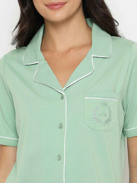 mSECRET Embossed Top and Bottom Mint Green Cotton Night Suit